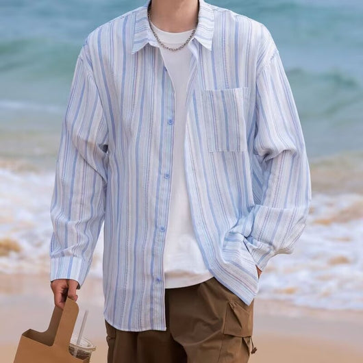 Camisa de Manga Larga Protección Solar Holgada a Rayas para Hombre - Image 14