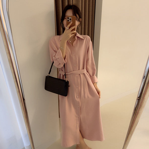 Vestido Camisero Liso con Cordones - Estilo Minimalista para el Día
