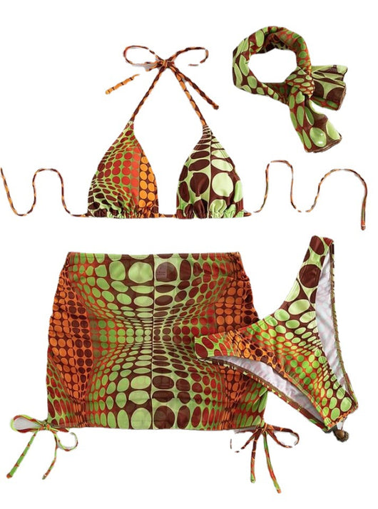 Women's printed split bikini swimsuit set with halter top, high-cut bottom, sarong skirt, and headscarf in green, brown, and orange optical dot pattern. - Image 4