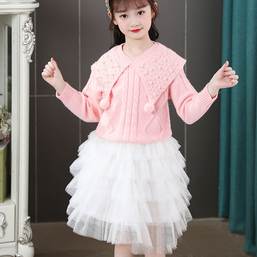 Vestido Dos Piezas de Perlas para Niña - Suéter y Falda Pastel - Image 3