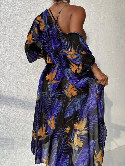 Women's tropical print one-piece swimsuit with deep V-neck and high-cut leg, paired with a matching long-sleeve cover-up. - Image 15