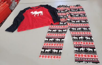 Red and black long-sleeve pajama set with a white moose graphic on the top and patterned moose pants. - Image 8