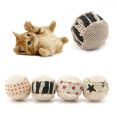 Four interactive cat toy chewing balls with woven textures and various patterns including polka dots, stripes, and stars. - Image 3