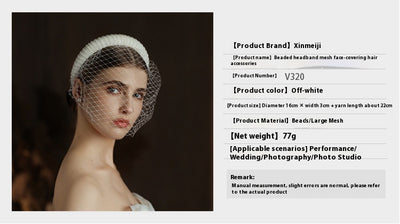 Velo Nupcial Estilo Audrey Hepburn Blanco Vintage con Cuentas y Malla Grande - Image 6