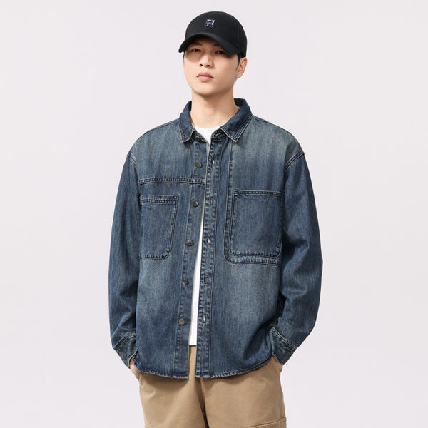 Camisa Denim Retro de Manga Larga Estilo Casual Americano