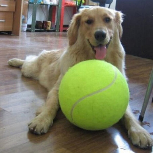 Three bright yellow dog tennis balls with white seams, made of rubber and felt, stacked on a soft background.