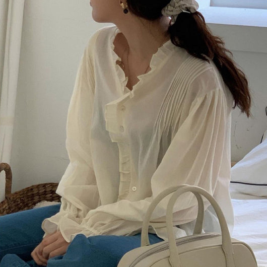Blusa Elegante Retro Francesa con Encaje y Mangas Largas para Mujer - Image 4