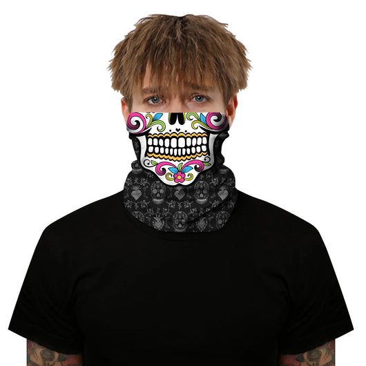 Black and white neck gaiter featuring a detailed skull and spine print, suitable for outdoor sports. - Image 16