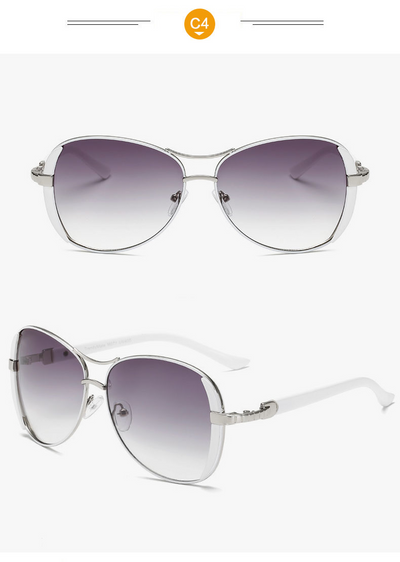 Women's large frame fashionable sunglasses with gradient gray lenses, silver-tone metal frames, and white arms. - Image 19