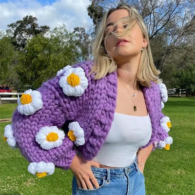 Cardigan Tejido a Mano con Flores 3D - Suéter Crochet Slim para Mujer
