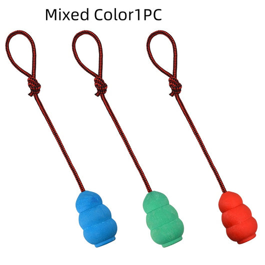 Three pet toys with red and black braided ropes and textured rubber chew ends in blue, green, and red. - Image 6