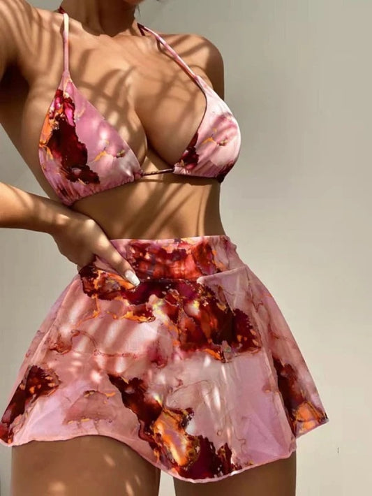 Traje de Baño Tres Piezas Estampado Mármol con Ajuste Cordón