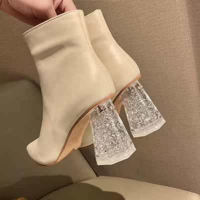 Botas Cortas Punta Fina Mujer Tacón Grueso Alto Estilo Retro - Image 11