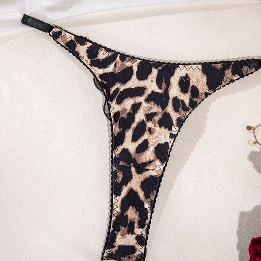 Leopard print bra and thong set with black lace trim, featuring an underwire bra and matching thong. - Image 12