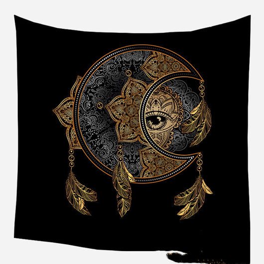 Golden crescent moon and woman silhouette tapestry with a floral crown against a dark blue starry background. - Image 44