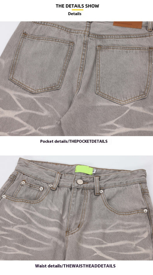 Jeans Rectos Desgastados a Mano Gris Mud con Rayas Retro - Image 15
