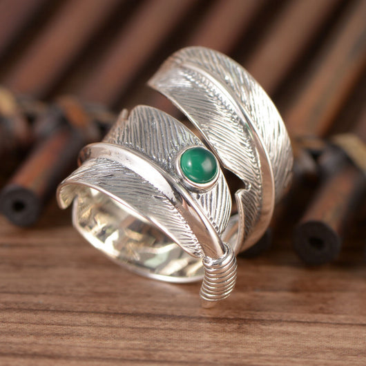 Anillo de Plata 925 con Ágata Verde Incrustada en Forma de Pluma - Image 4