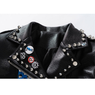 Chaqueta de Cuero Motociclista Talla Grande Ajuste Slim con Remaches y Letras - Image 7