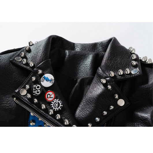 Chaqueta de Cuero Motociclista Talla Grande Ajuste Slim con Remaches y Letras - Image 7
