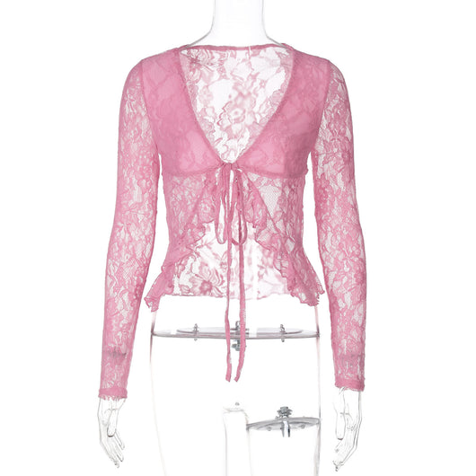 Cardigan de Encaje Transparente con Escote V y Cordones - Image 18