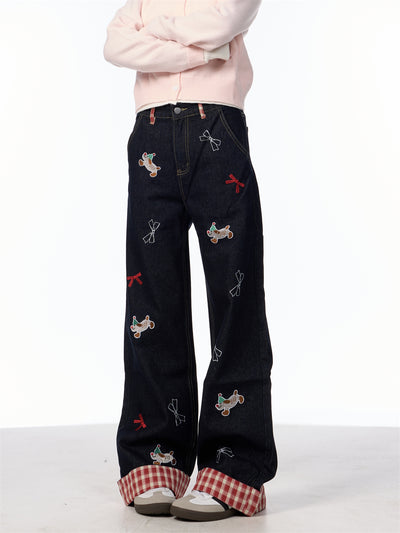 Jeans de Pierna Ancha Cintura Alta con Bordado de Moño Vintage - Image 15