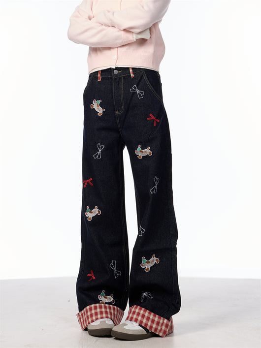 Jeans de Pierna Ancha Cintura Alta con Bordado de Moño Vintage - Image 15