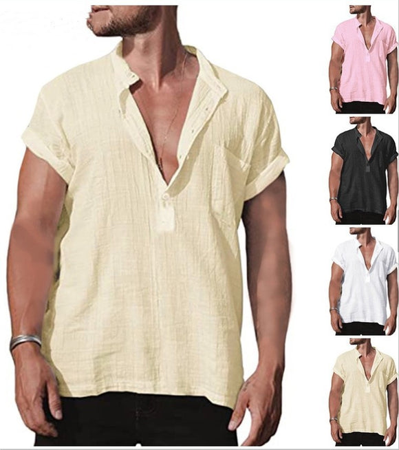 Camisa Suelta de Cuello Clásico con Bolsillo y Manga Corta