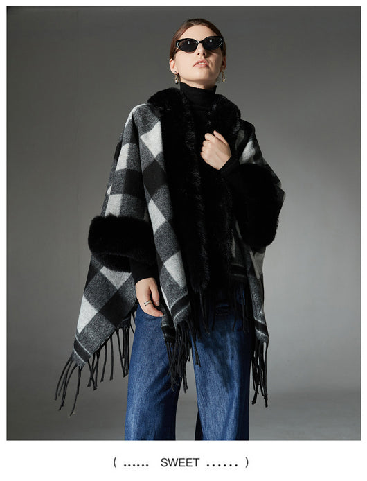 Chal Cuadros Blanco y Negro con Cuello de Piel - Estilo Europeo Otoño Invierno - Image 17