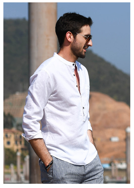 Camisa Casual de Lino y Algodón con Cuello Mao para Hombre - Image 26