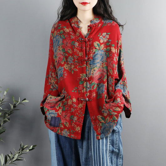 Camisa Retro Étnica con Cuello Mao y Estampado Floral - Image 4