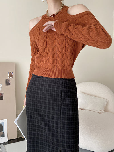 Suéter Tejido Hombro Descubierto para Mujer - Colores Sólidos Otoño - Image 4