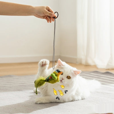 Plush bird cat toy with orange chest, grey body, feathered tail, and an elastic string for interactive play. - Image 13