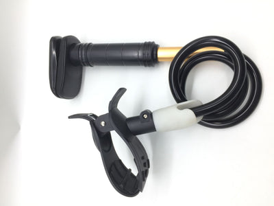 White flexible gooseneck ventilator hose bracket with a device clamp and a C-clamp base. - Image 6