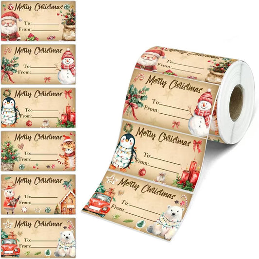 Roll of rectangular Merry Christmas gift labels with various designs including Santa, snowman, penguin, and polar bear. - Image 2