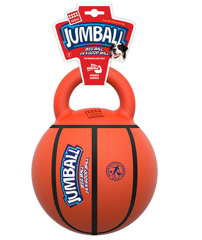 Orange basketball dog toy with a kettlebell-style handle, labeled GiGwi Jumball, for medium to large dogs. - Image 15
