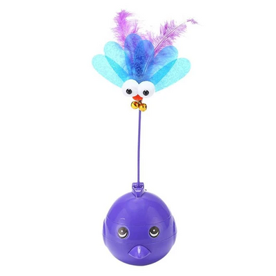 Purple electric tumbler cat toy with a blue bird-like top, pink feathers, googly eyes, and small bells. - Image 5