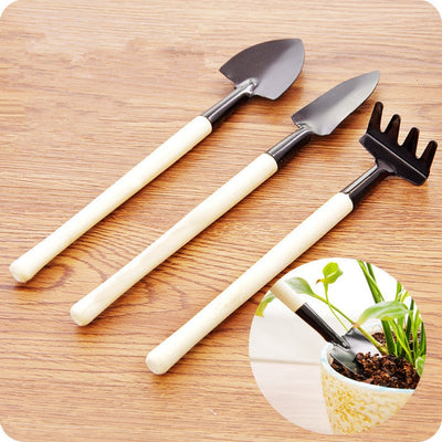 Set de 3 Herramientas Mini para Jardinería - Pala, Rastrillo y Desmalezador