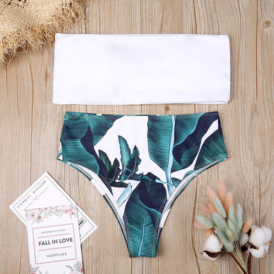 Conjunto Bikini Strapless de Cintura Alta con Estampado Vintage