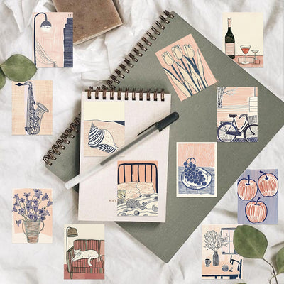 55 portable abstract art stickers in a cute cartoon style, featuring animals, objects, and scenes in pink, blue, and cream. - Image 12