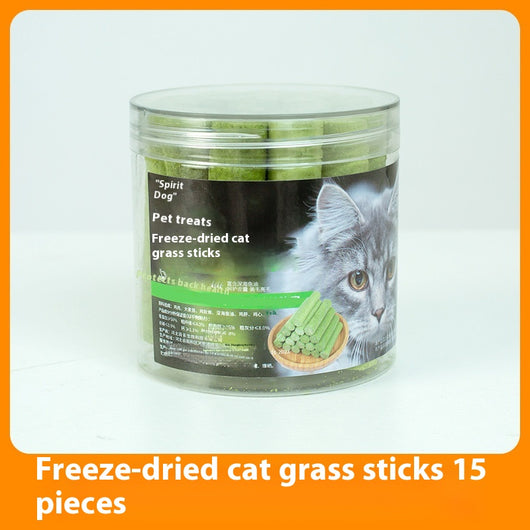 Clear plastic container of green freeze-dried cat grass chicken stick treats with a label featuring a grey cat. - Image 9