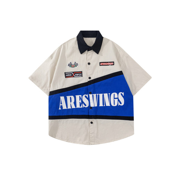 Camisa Vintage Americana Bordada Manga Corta para Motociclista
