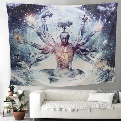 The Creator Wall Tapestry featuring a cosmic design with a multi-armed figure, moon, stars, and a tree of life. - Image 3