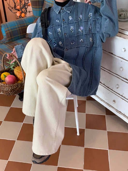 Camisa Denim Vintage Plisada Floral Lavado Clásico Manga Larga - Image 15