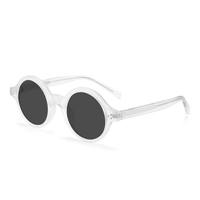 European and American vintage round frame polarized sunglasses with a sand transparent TR90 CAP frame and black and grey lenses. - Image 17