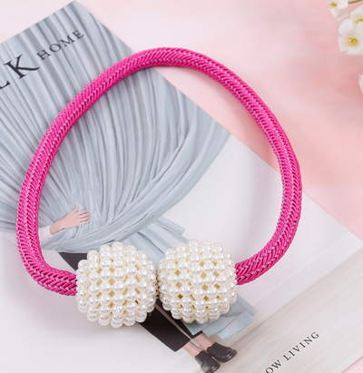 Magenta elastic curtain tieback with two white pearl-beaded spheres, designed to hold curtains elegantly. - Image 11