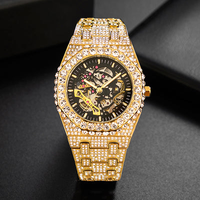 Reloj Mecánico Hip Hop Automático con Diamantes y Diseño Calado
