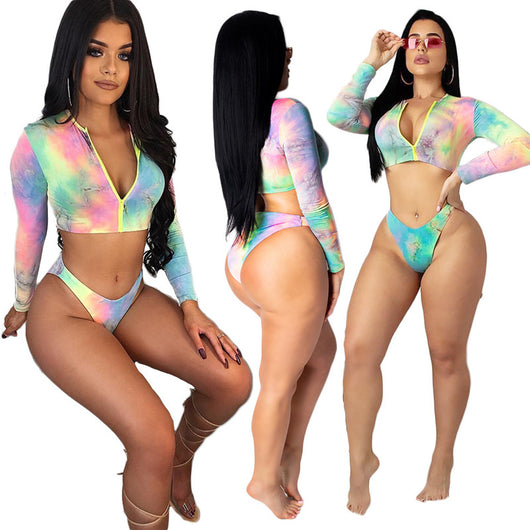 Women's tie-dye long-sleeve crop top swimsuit with high-cut bikini bottoms, featuring a colorful print. - Image 15