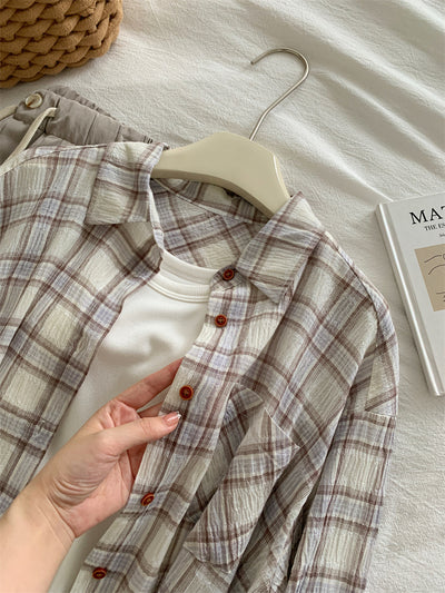Camisa Cuadriculada de Algodón Retro Lavado Artístico para Mujer - Image 20