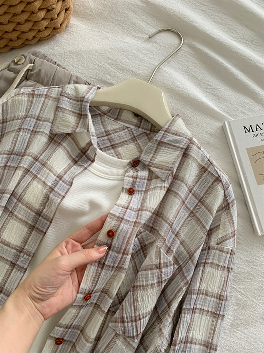Camisa Cuadriculada de Algodón Retro Lavado Artístico para Mujer - Image 20
