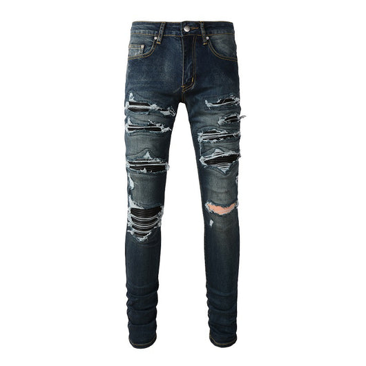 Jeans Azules Rotos con Parches de Cuero - Estilo Urbano de Alta Moda - Image 3